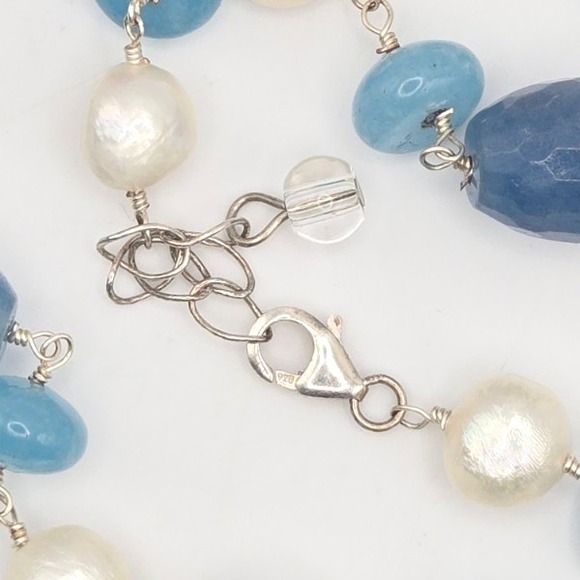 Natural Baroque Pearl and Blue Quartz Gemstone Sterling Silver Clasp Necklace - Picture 5 of 5